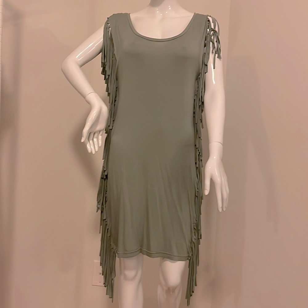 Olive/grey tank dress with side fringe. S